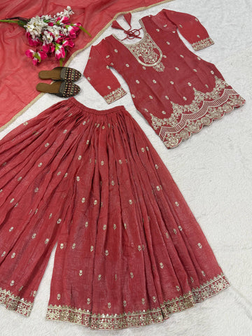 Charming Red Heavy Sequence Work Sharara Suit