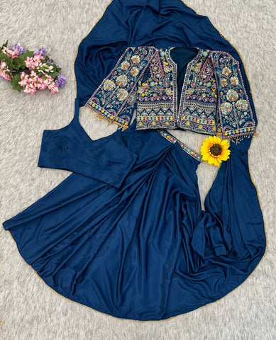 Amazing Blue Heavy Crepe Silk Embroidery Jacket With Saree