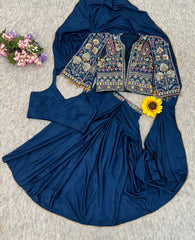 Amazing Blue Heavy Crepe Silk Embroidery Jacket With Saree