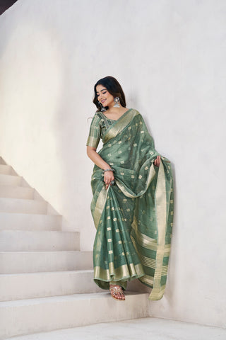 Exclusive Green Soft Linan Cotton Silk Zari Work Saree