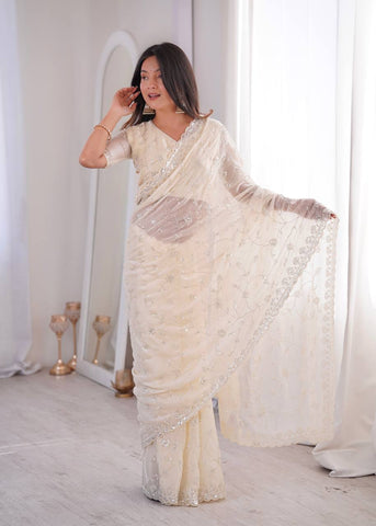Opulent Peach Silk Saree with Beads Work