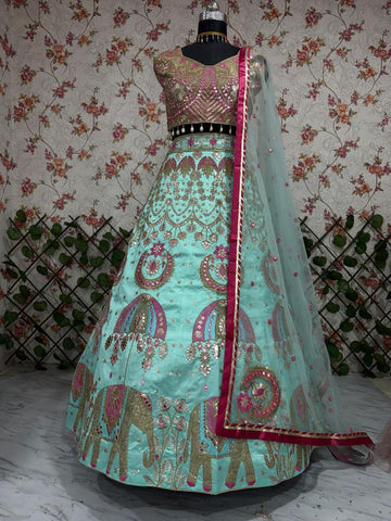 Stunning Aqua Green Silk with Embroidery Work Lehenga