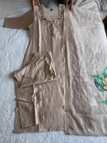 Alluring Cream Mul Chanderi with Hand Work Suit