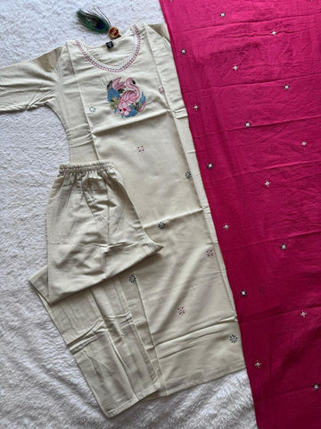 Lovely Cream Khadi Cotton with Embroidery Work Kurti