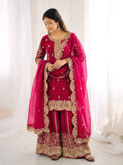 Captivating Orange Fendy Silk Embroidery Palazzo Suit