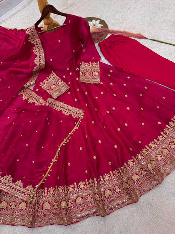 Exclusive Maroon Fandy Satin Silk with Heavy Embroidery Work Gown