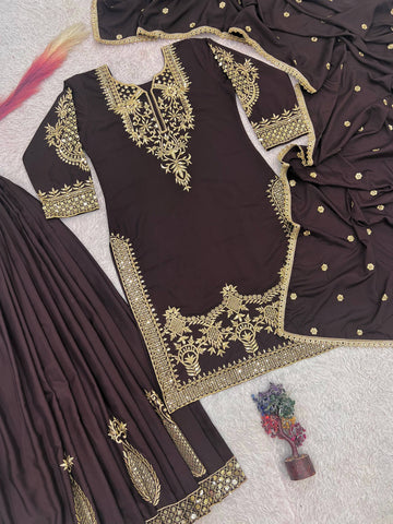 Elegant Brown Natural Crepe Silk Embroidery Work Palazzo Suit