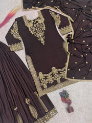 Elegant Brown Natural Crepe Silk Embroidery Work Palazzo Suit