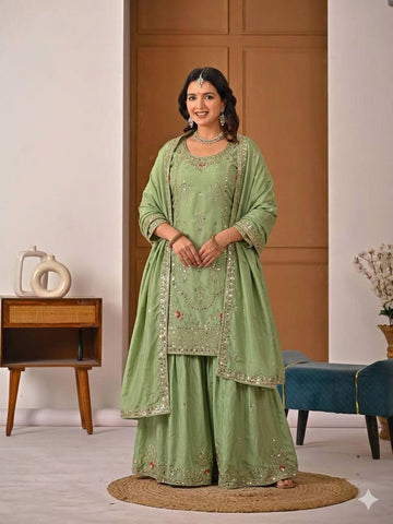 Beautiful Orange Natural Crep Embroidered Sharara Suit