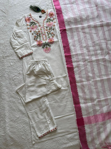 White Floral Embroidered Suit with Dupatta