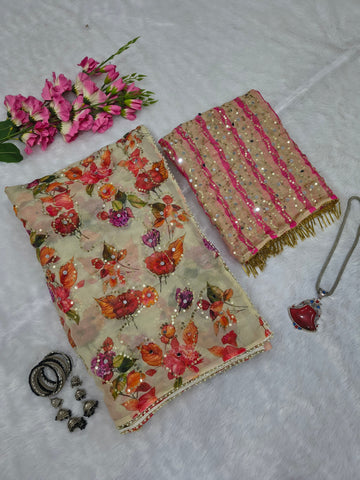 Pink Digital Floral Print, Sequins Embroidery Saree
