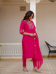Alluring Rust Pure Viscose Mango Silk Multi Embroidery Work Kurti Set