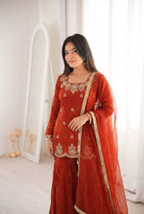 Red Fendy Silk with Sequence Work Sharara Suit