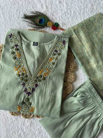 Exclusive Green Jacquard With Hand Work Suit Set