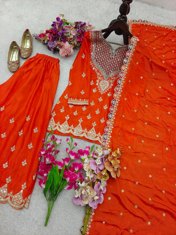 Stylish Chinon Silk Embroidery Work Sharara Suit