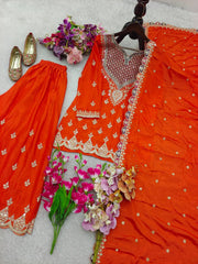 Stylish Chinon Silk Embroidery Work Sharara Suit