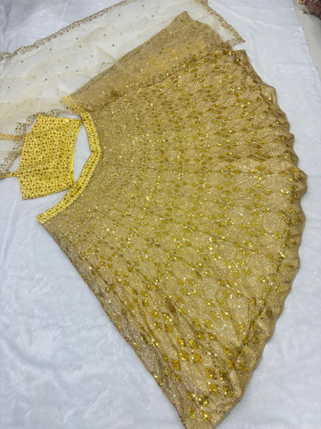 Captivating Yellow Butterfly Net Embroidery Work Lehenga
