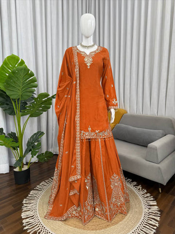 Stunning Brown Heavy Natural Crepe with Intricate Thread Work Sharara Suit