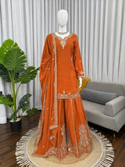 Stunning Brown Heavy Natural Crepe with Intricate Thread Work Sharara Suit