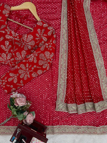 Fabulous Red Faux Blooming with Coding Saree