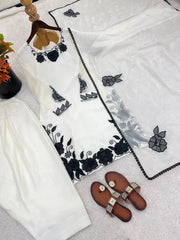 Imposing Cream Fendy Silk Thread Embroidered Kurti Set
