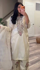 Elegant Cream French Crepe Embroidery Work Sharara Suit
