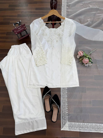 Amazing White Natural Crep Thread with Sequence Work Sharara Suit