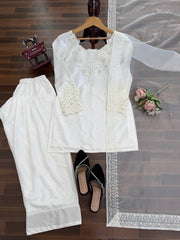 Amazing White Natural Crep Thread with Sequence Work Sharara Suit