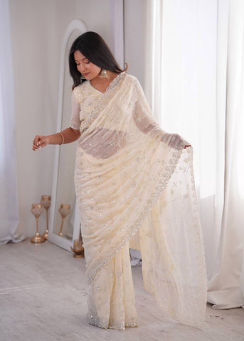 Opulent Peach Silk Saree with Beads Work