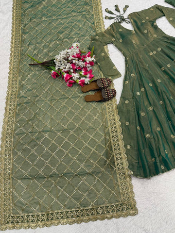 Amazing Pista Green Embroidery Anarkali Gown