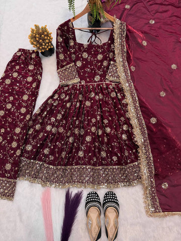 Stunning Maroon Heavy Fandy Silk Embroidery Work Gown