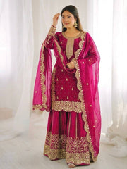 Captivating Orange Fendy Silk Embroidery Palazzo Suit