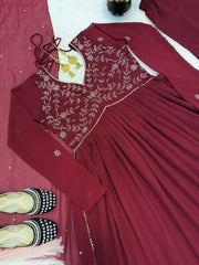 Lovely Maroon Faux Georgette Handwork Anarkali Suit