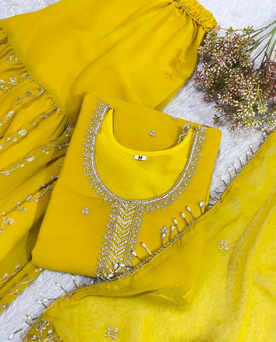 Yellow Fox Georgette Sequence Work Kurti Set