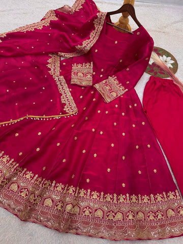 Exclusive Maroon Fandy Satin Silk with Heavy Embroidery Work Gown
