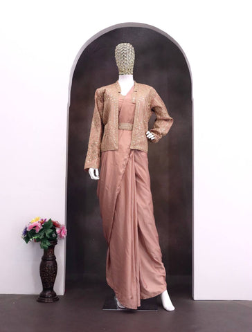 Exclusive Peach Heavy Crep Silk Embroidery Work Saree