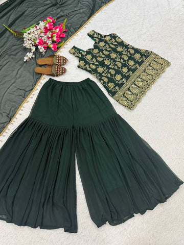 Green Faux Georgette Embroidery Sharara Suit