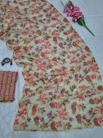 Pink Digital Floral Print, Sequins Embroidery Saree