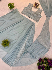Sky Blue Peacock Embroidered Saree