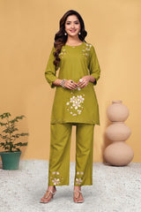 Alluring Green Heavy Viscose Rayon with Multi Embroidery Thread Work Co-Ords Set