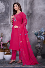 Stylish Brown Roman Silk with Thread Work Kurti Set