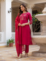 Rust Pure Viscose Mango Silk Multi Embroidery Kurti Set