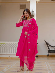 Alluring Rust Pure Viscose Mango Silk Multi Embroidery Work Kurti Set