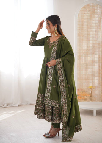 Stylish Red Roman Silk with Embroidery Sequence Work Gown