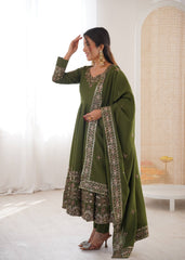Stylish Red Roman Silk with Embroidery Sequence Work Gown