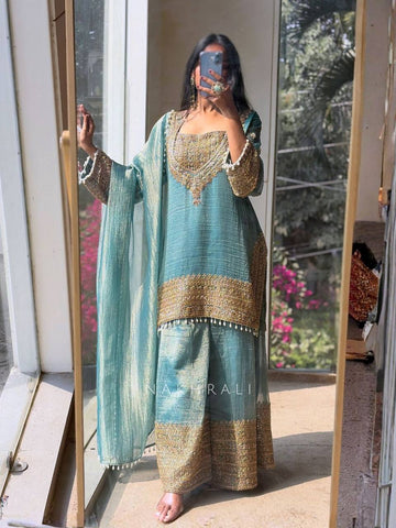 Marvelous Heavy Crunchy Silk Embroidery Sharara Suit