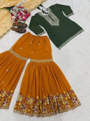 Stunning Green Faux Georgette Silk Embroidery Sharara Suit