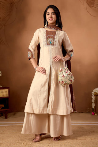 Lovely Pink Roman Silk Multi Embroidery Anarkali Kurti Set