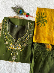 Attractive Green Premium Roman Silk Hand Work Kurti Set