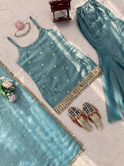 Blue Fendy Silk Thread Work Sharara Suit